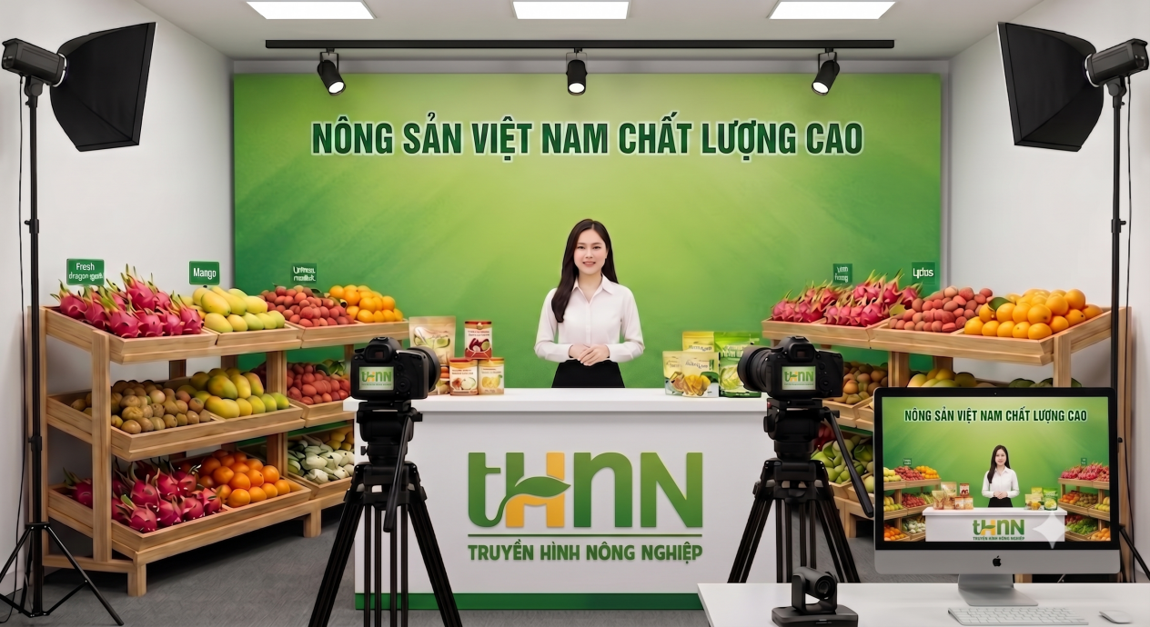 Phòng livestream nông sản chuyên nghiệp với MC và gian trưng bày nông sản