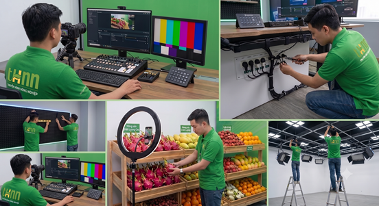 Quá trình lắp đặt kỹ thuật phòng livestream: điều khiển, đi dây, ánh sáng và staging nông sản
